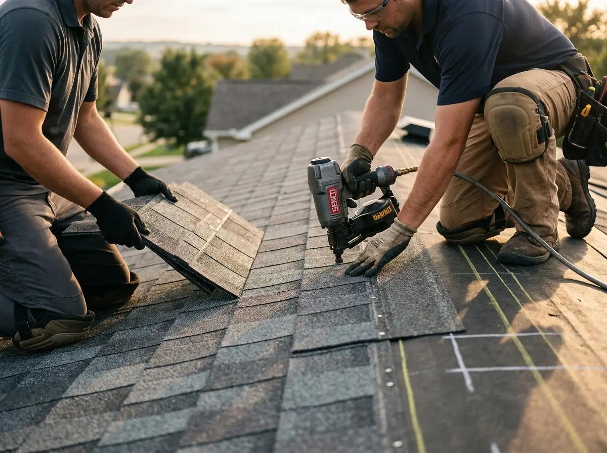 Professional roofer working on a residential roof in Torrington